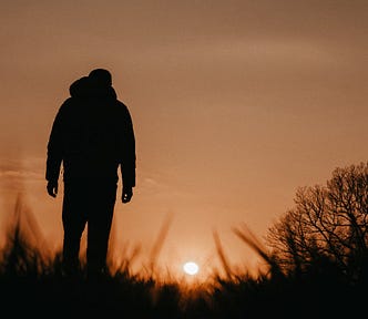 Rear view of a man walking through a field, toward the setting sun.