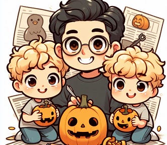 kawaii cartoon of father with short black curly hair, brown eyes and glasses accompanied by one boy with blond hair and blue eyes, and one boy with blond hair and brown eyes carving a jack-o-lantern lots on background of newspapers with pumpkin guts and seeds