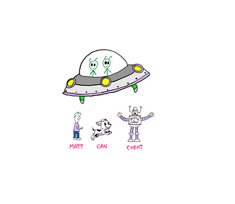 How To Really Solve This Tricky Logic Puzzle? (VI) — An illustration showing three characters: Matt — a human being, Can — a puppy, and Cheat — a robot, all happily chilling. Above them hovers an alien spaceship with fancy lights and two aliens inside it.