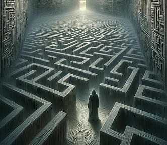 The image representing grief in the form of a maze has been created, showcasing a person struggling to find the way out. It encapsulates the complex journey through sorrow within the confines of an intricate labyrinth.