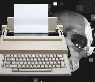 an electric typewriter with a sheet of paper in it and a skull behind it