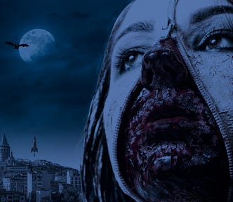 Gothic woman against a night sky her mouth and nose are gory with blood and it appears as if her epidermis could be removed by operating a zip