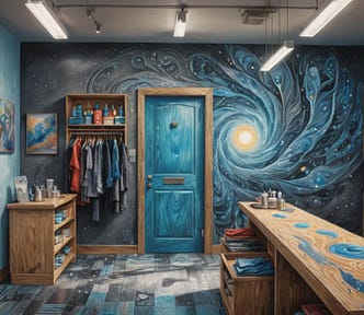 Image shows the inside of a store, with wooden and blue accents, and in the middle of the back wall, there is a blue door.