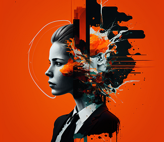 A bold and artistic visual representation of a future-focused Young Marketer with an orange backdrop and minimalist and abstract features. Marketing strategy as represented by intelligence and a bold artistic expression.