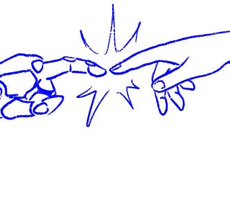 A sketch in blue ink of a robotic finger touching a human finger