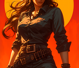 Badass cowgirl with pistol drawn and big sun behind her.