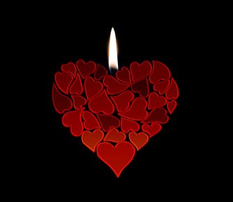 Candle flame above heart-shaped grouping of hearts