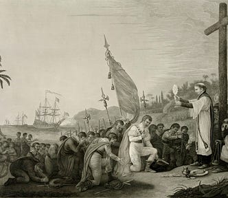 painting of people kneeling before a priest in front of a cross with ships on the sea in the background.