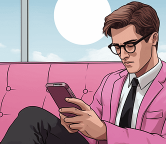 A man wearing a pink suit, texting on a pink couch.