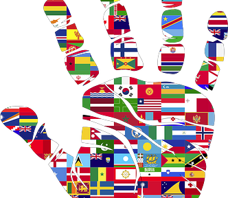IMAGE: All the flags of the countries in the world filling the shape of an open hand