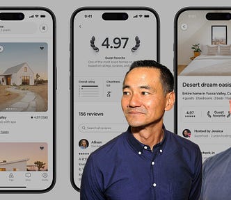 An edited image of Jony Ive and Hiroki Asai on top of Airbnb product images background