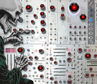 A complex control panel whose knobs have all been replaced with the menacing red eye of HAL9000 from Kubrick’s ‘2001: A Space Odyssey.’ A skeletal figure on one side of the image reaches out a bony finger to twiddle one of the knobs. Image: Cryteria (modified) https://commons.wikimedia.org/wiki/File:HAL9000.svg CC BY 3.0 https://creativecommons.org/licenses/by/3.0/deed.en — djhughman https://commons.wikimedia.org/wiki/File:Modular_synthesizer_-_%22Control_Voltage%22_electronic_music_shop_in