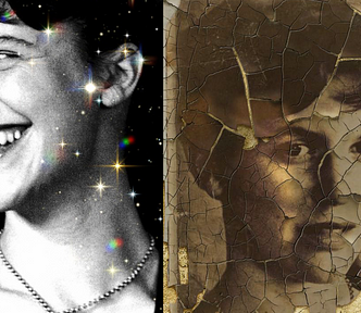 Two images of American writer Sylvia Plath. On the left she is smiling with shining lights and on the write she is thoughtful and looks worried. This picture has Sepia Tone and received a Photoshop effect to look old and cracked, some parts are peeling off.