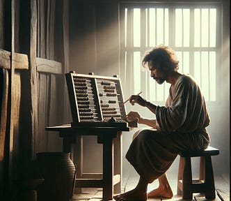 A scene of a barefoot man deeply focused on using an abacus, capturing the essence of traditional calculation methods in a timeless setting.