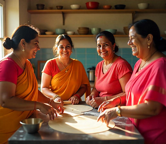 group of Indian women at the kitchen counter laughing