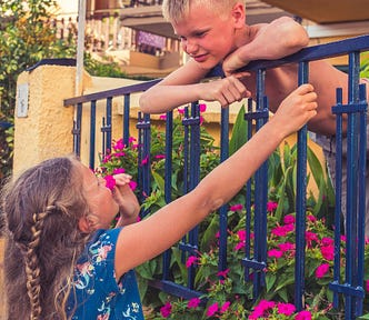 A tow-headed boy, perhaps eight years old, wearing pants but no shirt, is leaning over the blue railings of his garden wall. Small magenta flowers grow in profusion in his garden, and spill out through the railings. The garden is higher than the sidewalk it borders, so he is looking down on a girl of similar age wearing a blue floral dress with her dark-blonde hair in a braid. She is smiling up at him, one hand holding onto the railings and the other lifting a plucked flower to her nose.