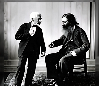 AI rendition of poets Walt Whitman and Carl Sandburg fighting.