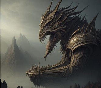 A mountainous metallic dragon statue, holding a small city between its front paws.