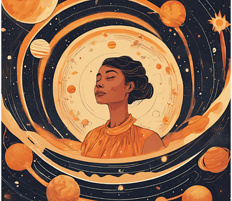 A woman closing her eyes while imagining the solar system floating around her.