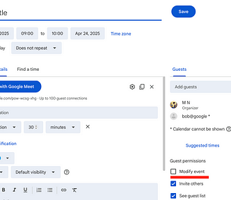 Google Calendar event creation screen showing how to allow guests to modify the event and invite others.