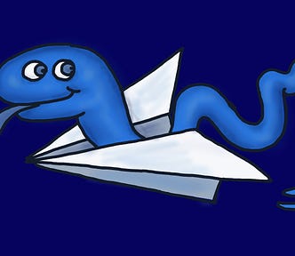 Blue Python looking happy riding a white paper aeroplane