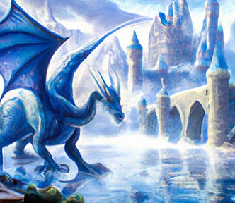 Blue dragon near a castle submerged in water. A blue and white, surreal scene.