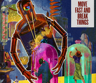 A giant robot attacking two cowering people captured in bell jars, by shooting lasers out of his eyes. He has a Google logo on his forehead. A “Move Fast and Break Things” poster hangs on the wall behind him, and over head is Apple’s “Think Different” wordmark.