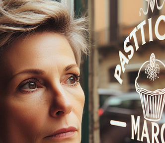 A middle-aged woman pensively looking out the window of a cafe.