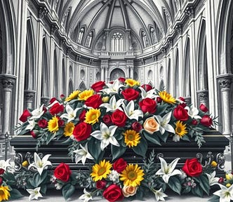 Image shows a drawing of the inside of a church, a coffin and colorful flowers on and around the coffin. All but the flowers are black and white.