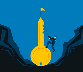 The illustrated man climbing the gigantic golden key with the flag on top.