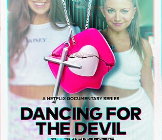 Promotional image for Netflix’s “Dancing for the Devil, the 7M Tikok Cult” featuring dancers Melanie and Melinda Wilkings in white tops and bottoms.