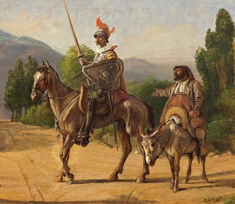 Don Quixote on a horse and Sancho Panza on a donkey