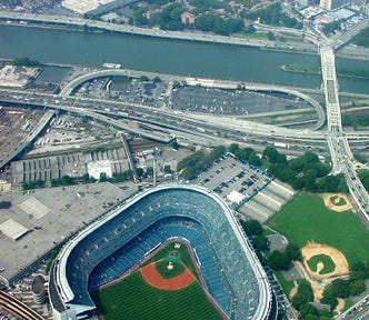 Color aerial photo of Yankee Stadium. It’s A Fun Stroll When You’re A Teenager. Walking To Yankee Stadium Was A Breeze