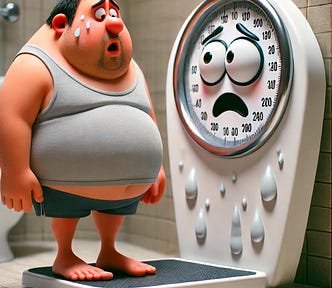Humorous picture of an overweight man sweating as he stands on a scale to measure his weight. The scale has a human face and it too is sweating and looking as distressed as the man as they worriedly look at each other.