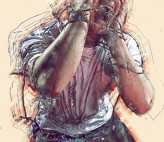 a man crying out with his eyes covered