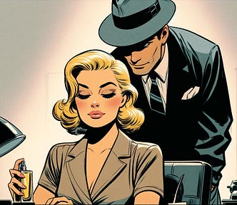 A cartoon of a male private detective leaning over his secretary while she sprays perfume