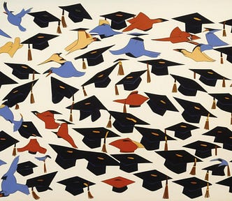 Group of black graduation hats gradually morphing into colored birds