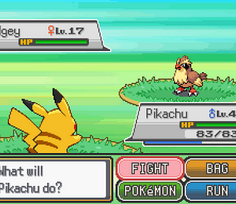 An screenshot of a Pokémon battle on a Gameboy game. Pikachu fighting a Pidgey.