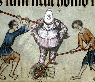 An illuminated manuscript drawing of two serfs threshing wheat. Behind them is a portrait of a fat-cat type in a business suit, with a dollar-sign money-bag for a head.