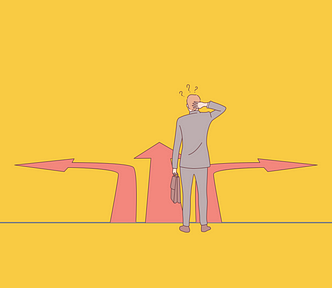 A graphic with a person in a suit scrastching their heads at which direction to take next based on three directional arrows pointing north, east and west. It is meant to expemplify the pathfinding theme of this article.