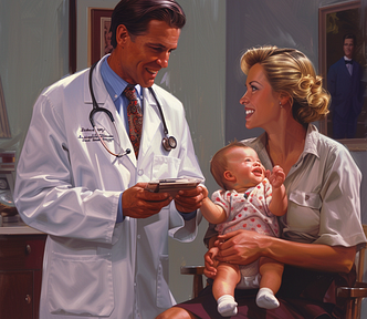 A doctor talking with a smiling mother who is holding a baby that’s looking in the opposite direction.