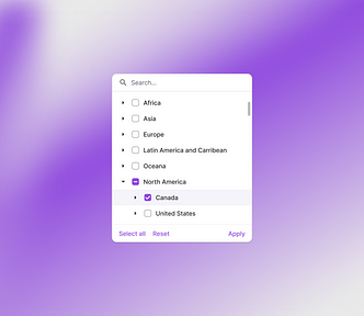 An image of a dropdown menu with a blurry purple background. The menu was built using Figma components.