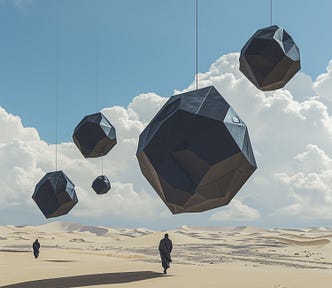 A surreal and futuristic image of strange shaped balls hanging in the sky over a desert. There are two figures in arab robes walking beneath them