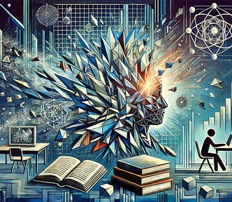 A Cubist-style digital illustration showing a traditional classroom shattering into geometric fragments under the force of an abstract AI form. A chalkboard, textbooks, and papers break apart into angular shards. A faceted crystalline AI shape radiates sharp lines that collide with the old objects. A teacher and student appear as fractured silhouettes being pulled forward into a new form. In the background, overlapping shapes depict laptops, tablets, data streams, and holographic diagrams.