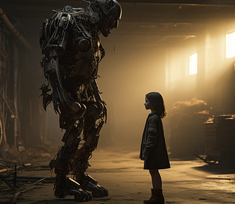 Robot soldier and young girl in warehouse.