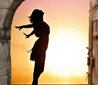 silhouette of woman standing in arched gate at sunrise, head to skies, a golden outline of the sun in the background, lisa gerard braun, medium