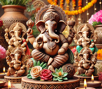 “A collection of beautifully handcrafted Shadu Mati (clay) Ganesh idols, adorned with traditional decorations and vibrant colors. The idols are placed on a decorative pedestal with a festive background featuring flowers and diyas, symbolizing an eco-friendly Ganesh Chaturthi celebration.”