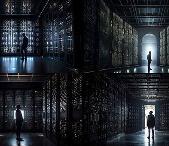 four picture of a man standing inside a digital vault