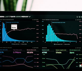 A laptop screen showing a dashboard with graphs of common web metrics, such as bounce rate.