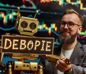 Use my DEBOPIE framework to build your own effective ChatGPT trading bots, created by henrique centieiro and bee lee. A young investor with glasses and beard with a golden bot holding a sign “DEBOPIE” (AI image created on MidJourney V6 by the author)